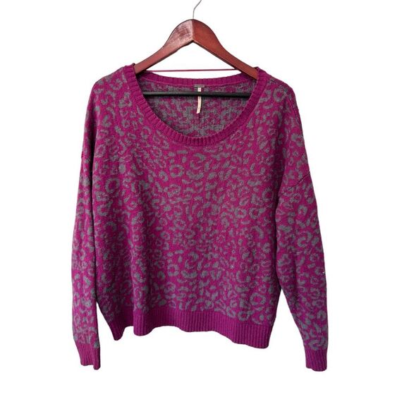 Free People Magenta Alpaca Blend Leopard Animal Print Pull Over Sweater Size S - Picture 1 of 8